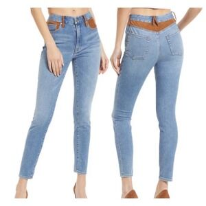 Good American High Waist Ankle Crop Suede Mixing Jeans Size 4/27 Blue Denim‎